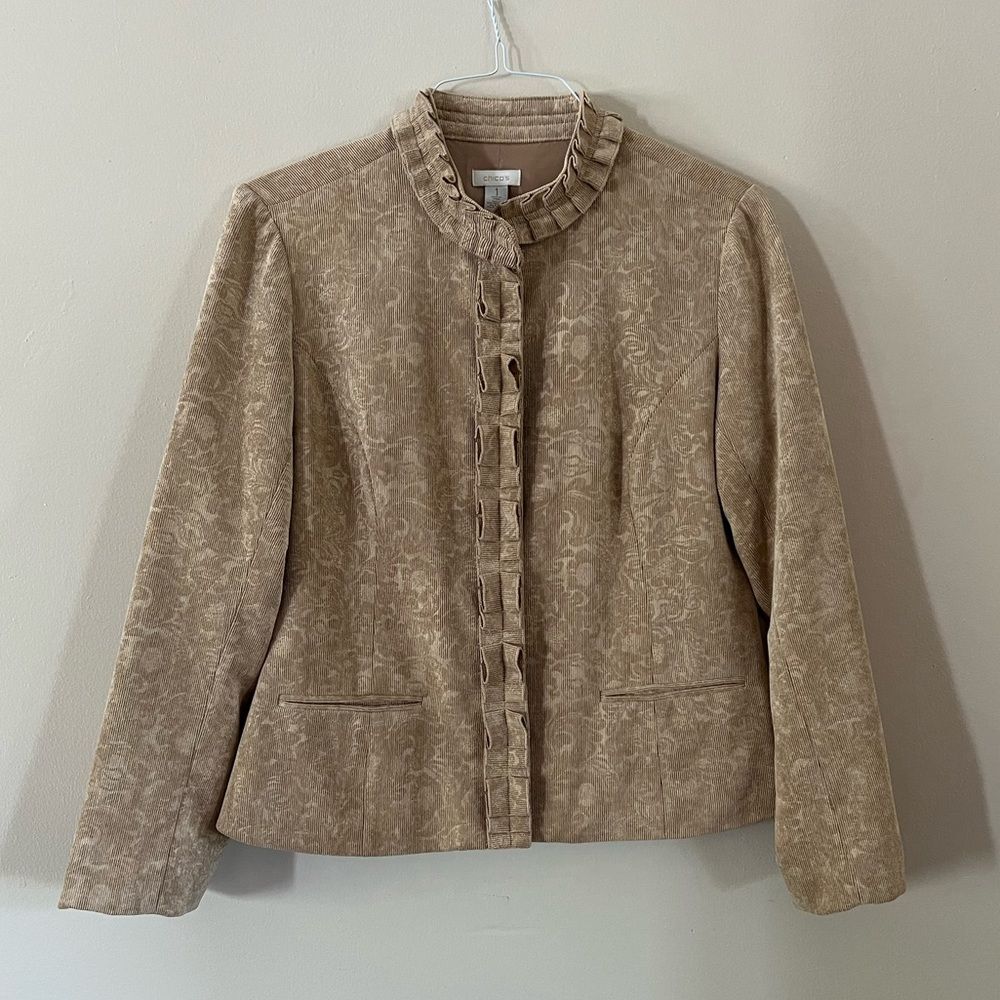 Chico's Jacket Paisley Tan Cream Floral Corduroy Ruffle Collar Sz 1